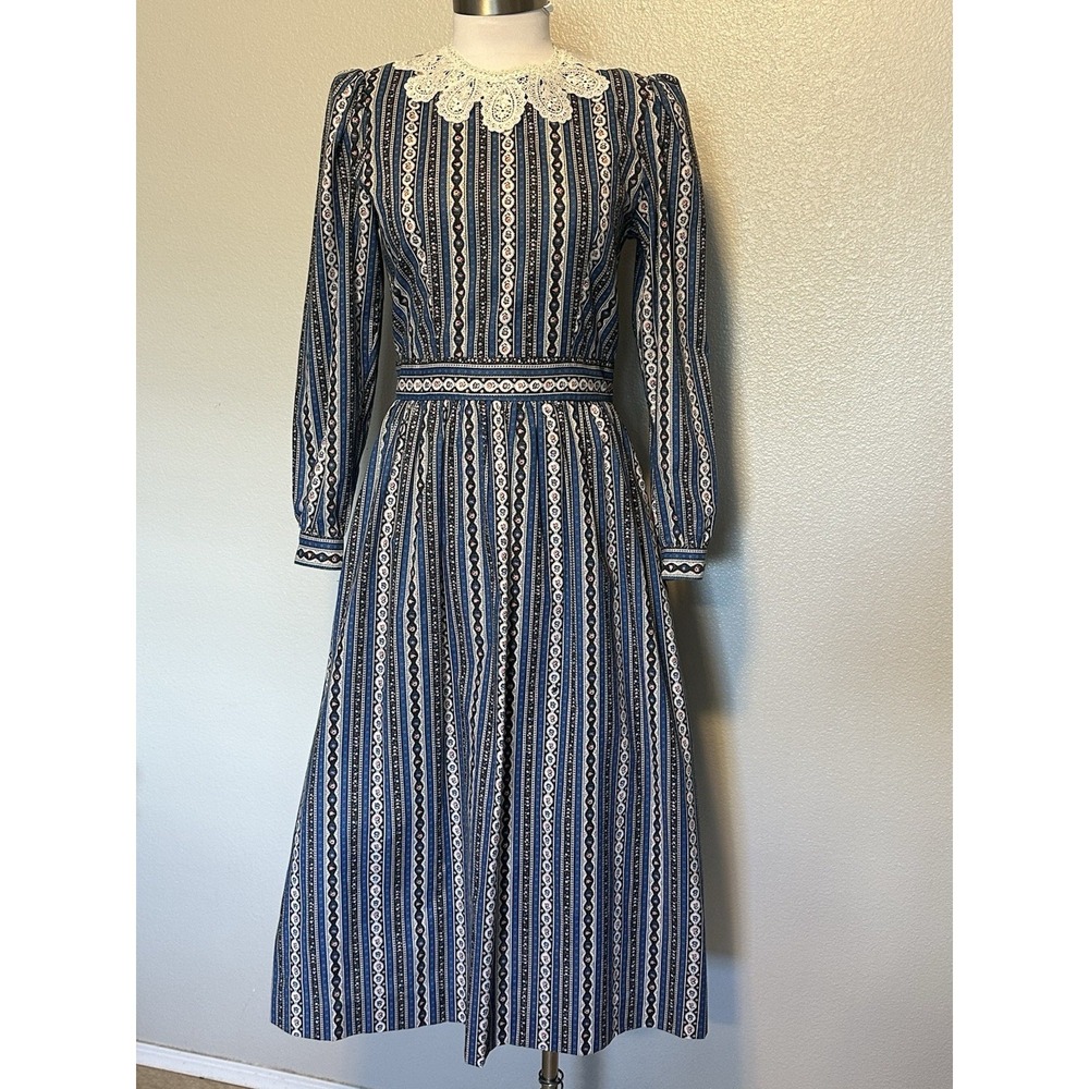 VTG‎ Lanz Originals USA Floral Lace Collar Cotton Cottage Modest Midi Dress sz.S